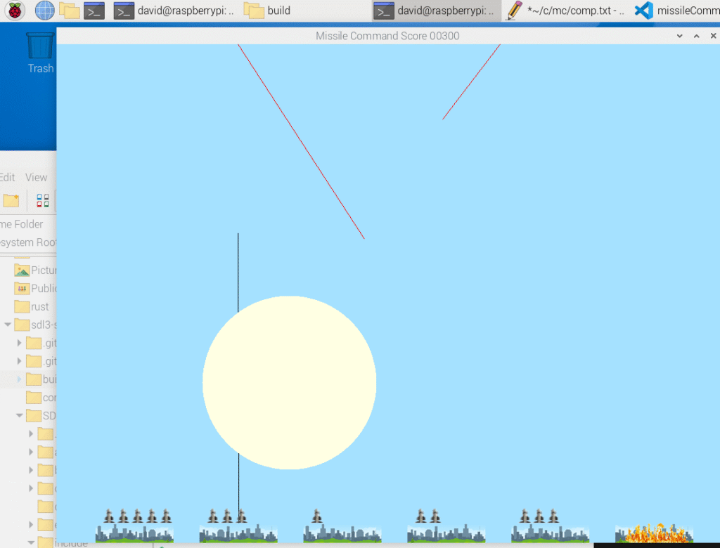 Missile Command running on a Raspberry Pi 5 with SDL3